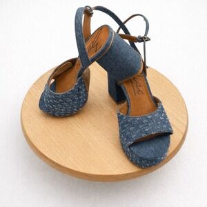 Zodiac Denim Platform Sandals Size‎ 7 Block Heel Slingback Peep Toe Retro